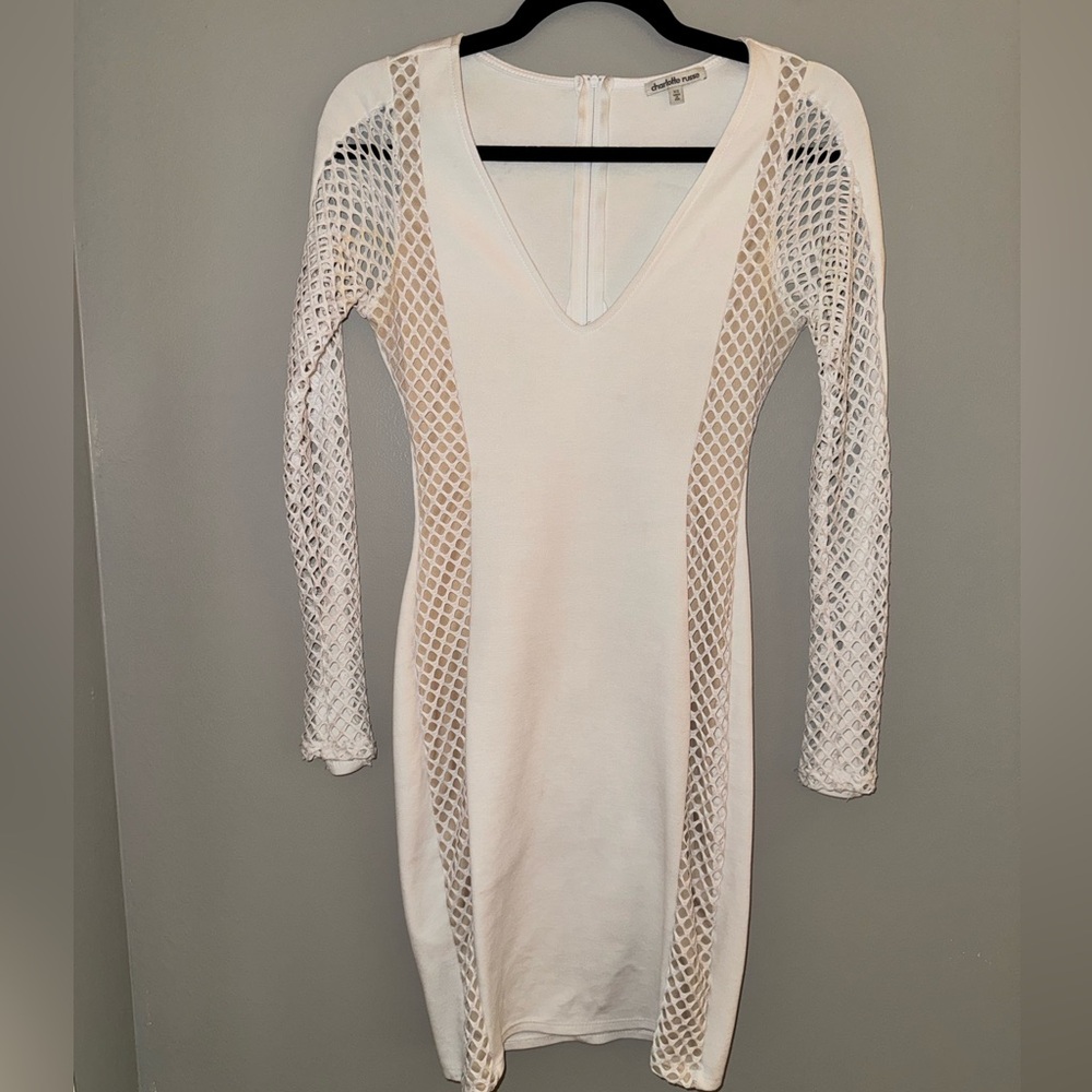 White Mesh/holes Long Sleeve V-Neck Dress